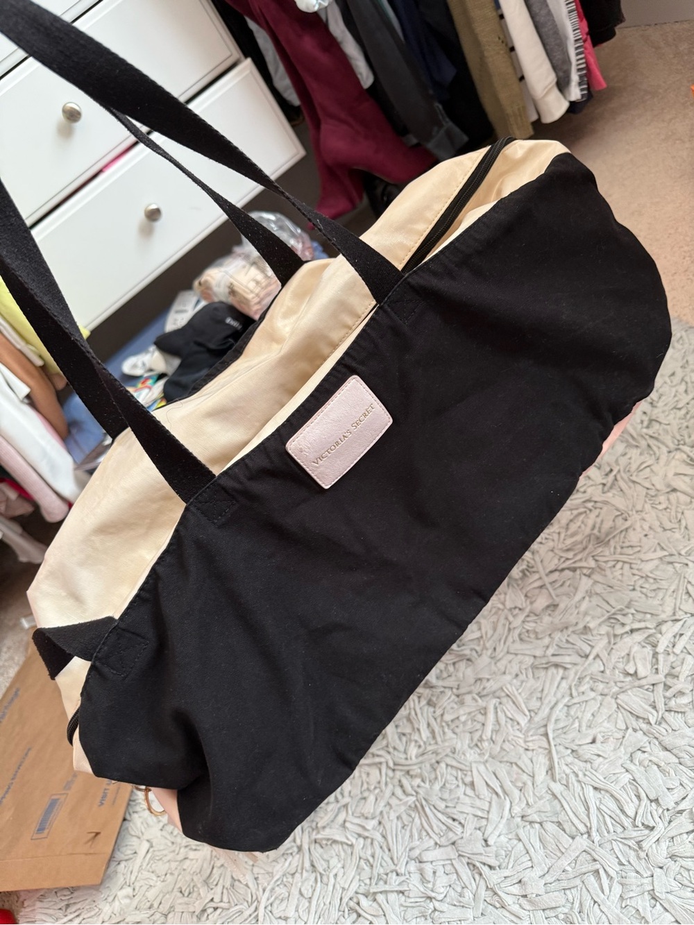 Victoria's Secret Black Tote with Cream Interior and Pink Logo Patch